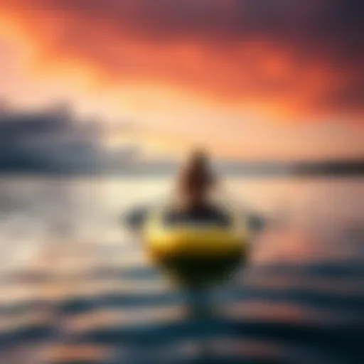 Inflatable paddle board on serene waters