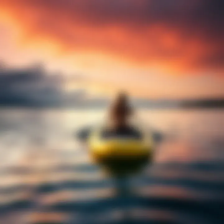 Inflatable paddle board on serene waters