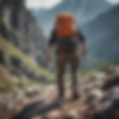 An adventurer using a Jensen backpack while scaling a rocky mountain.