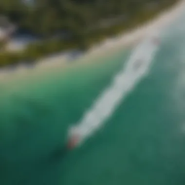 An aerial view of kite surfers gliding over the clear waters, highlighting the stunning landscape of the Florida Keys.