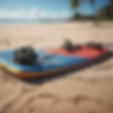 A close-up of essential kite surfing equipment laid out on the beach, emphasizing quality and preparation.