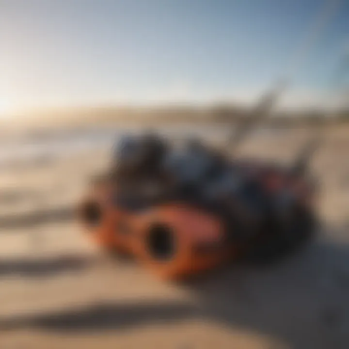 A close-up of kite surfing equipment, highlighting the kite and harness
