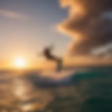 A vibrant sunset backdrop with a kiteboarder silhouetted against the sky