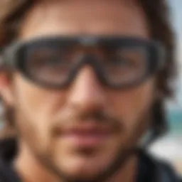 Close-up of kitesurf glasses highlighting lens technology