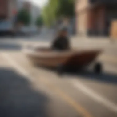 Landyachtz Dinghy board in action on a bustling urban street, highlighting its maneuverability.