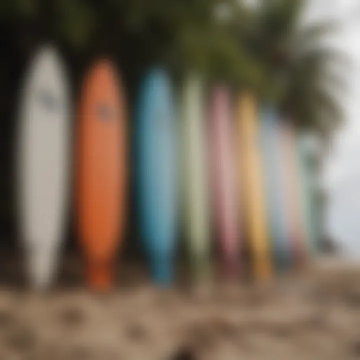 Diverse surfboards lined up on a vibrant beach, ready for action