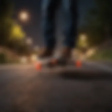 A longboard with glowing wheels illuminated in a dark environment