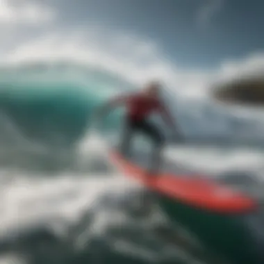 Navigating Turbulent Waves A surfer navigating through tumultuous waves