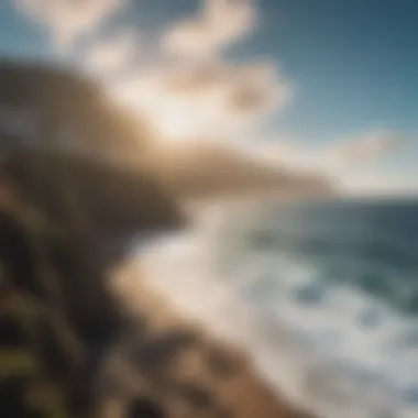 Scenic view of Madeira coastline with surfers in action