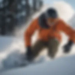Snowboarder carving through fresh powder