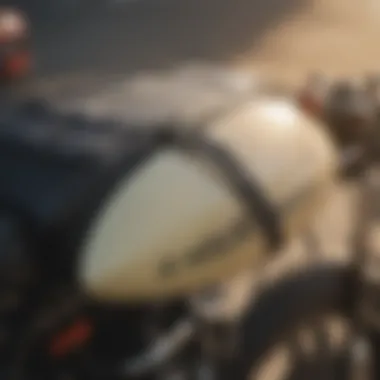 Close-up of the surfboard securely strapped onto the motorcycle rack, highlighting safety features.