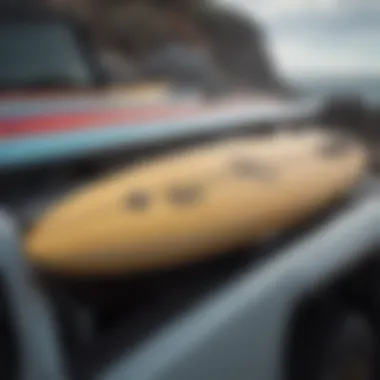 Close-up of surfboards securely mounted on a Jeep's soft top rack