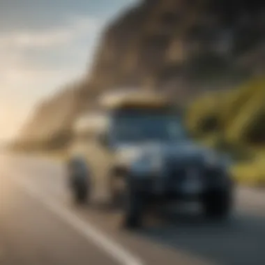 A scenic view of a Jeep driving along a coastal road with surfboards in tow