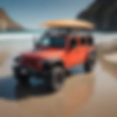 Jeep with a soft top surfboard rack showcasing its versatility on the beach