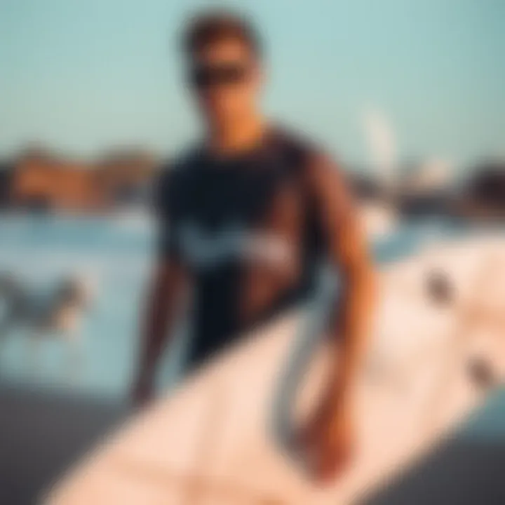 Style Meets Functionality in Mayhem Apparel A stylish surfer showcasing Mayhem apparel on the beach
