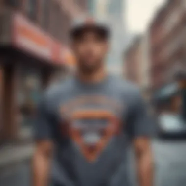 A stylish individual wearing a Mitchell & Ness vintage tee in an urban setting.