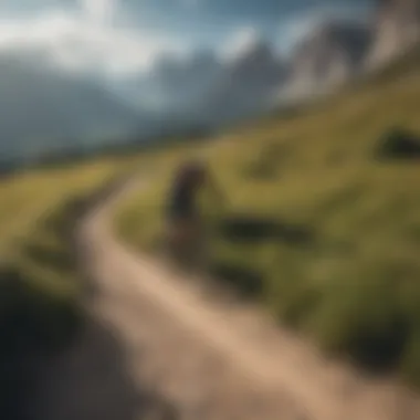 Panoramic view of the Dolomites with mountain bikers on a trail