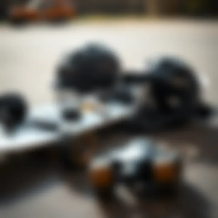 Safety gear laid out next to a skateboard