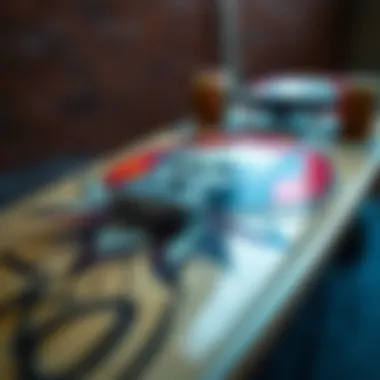 Close-up of a skateboard deck with unique artwork