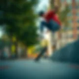 A skateboarder performing a trick in an urban park