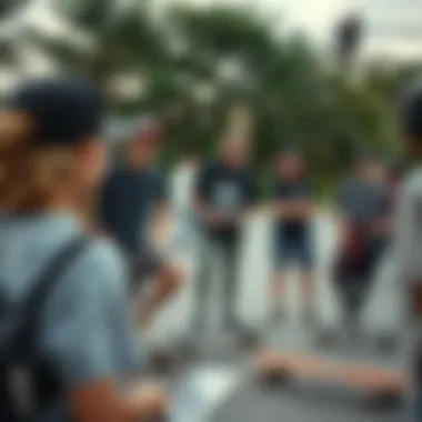 A group of skateboarders engaged in a lively discussion