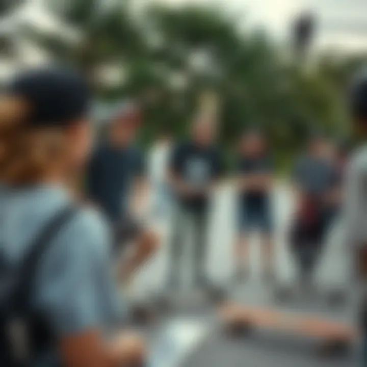 A group of skateboarders engaged in a lively discussion