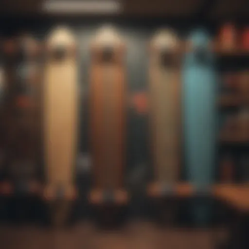 A collection of vibrant longboards displayed in a local shop.