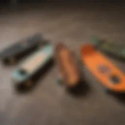 A collection of various used penny boards showcasing different colors and designs.