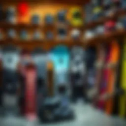 Snowboard gear display showcasing various models
