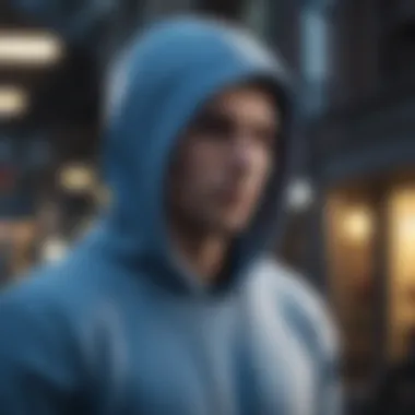 Active individuals wearing blue hoodies in various outdoor scenarios