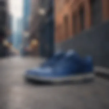 Navy blue Nike shoes placed against an urban backdrop, highlighting style integration