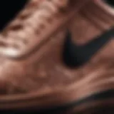 Close-up view of Nike Rose Gold Black shoes highlighting intricate design details