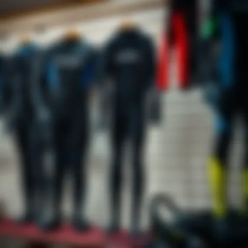 A collection of O'Neill wetsuits displayed attractively