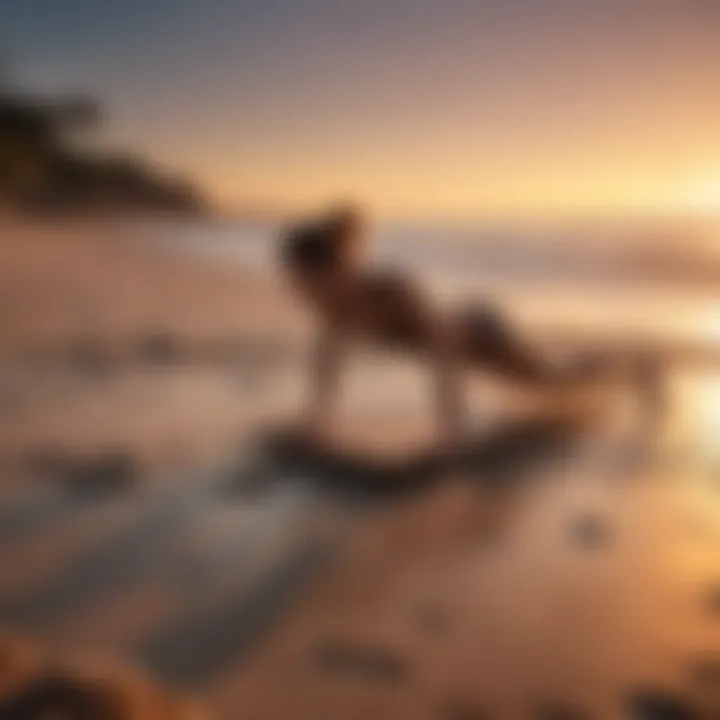 Athlete performing a plank variation on a beach during sunset