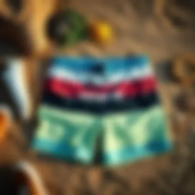 Stylish Presentation of Eco-Conscious Design Patagonia surf shorts laid out on a natural background with beach elements