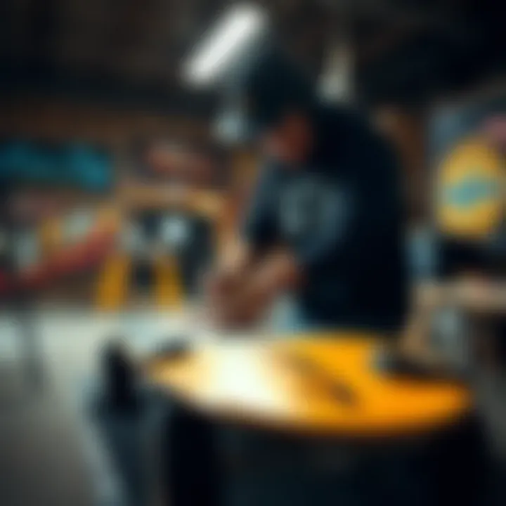 Artist painting a custom design on a longboard