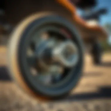 Detail of high-performance longboard wheels and trucks