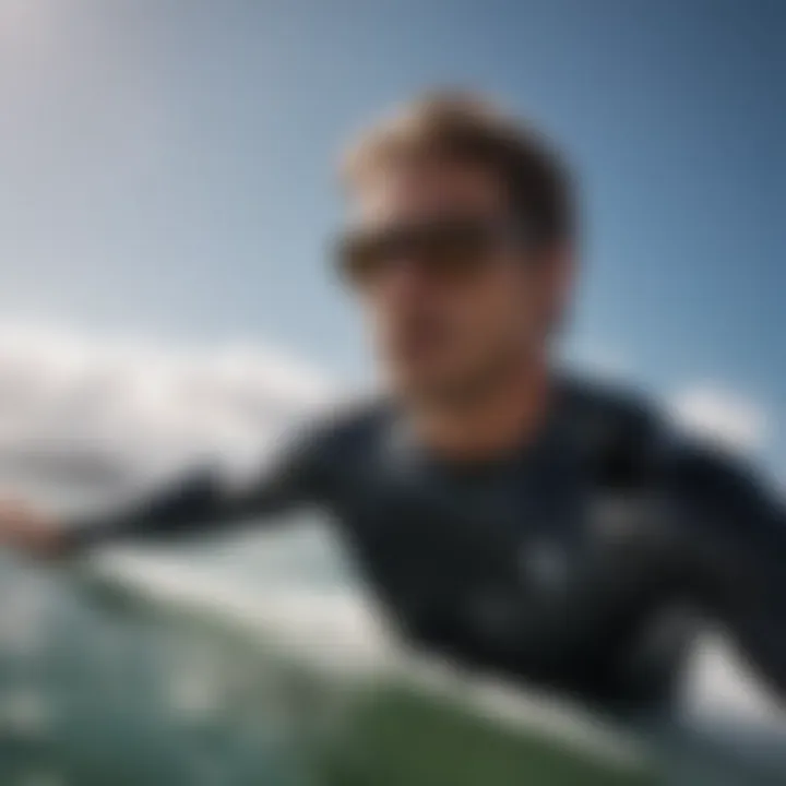 Athlete wearing polarized wrap sunglasses while surfing