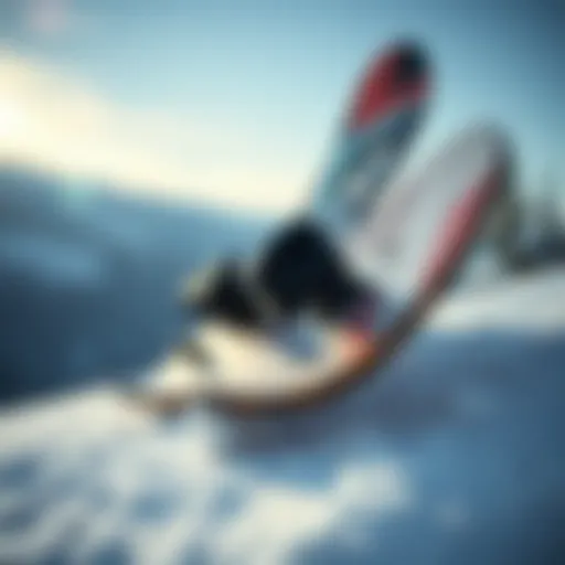 Detailed view of a powder twin snowboard showcasing its unique design elements