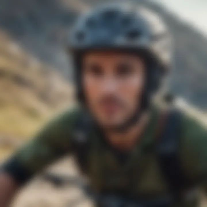 An extreme sports athlete wearing a Pro Tec helmet while biking on a rugged terrain.