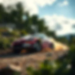 A rally car navigating a challenging terrain