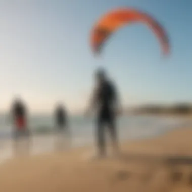 A group of enthusiastic kite surfers gathered on the beach, emphasizing the strong community aspect of the sport.