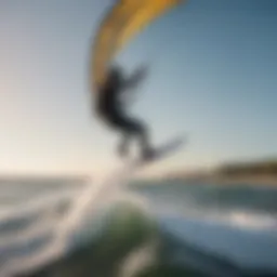 A dynamic kite surfing action scene showcasing a rider executing impressive aerial maneuvers.