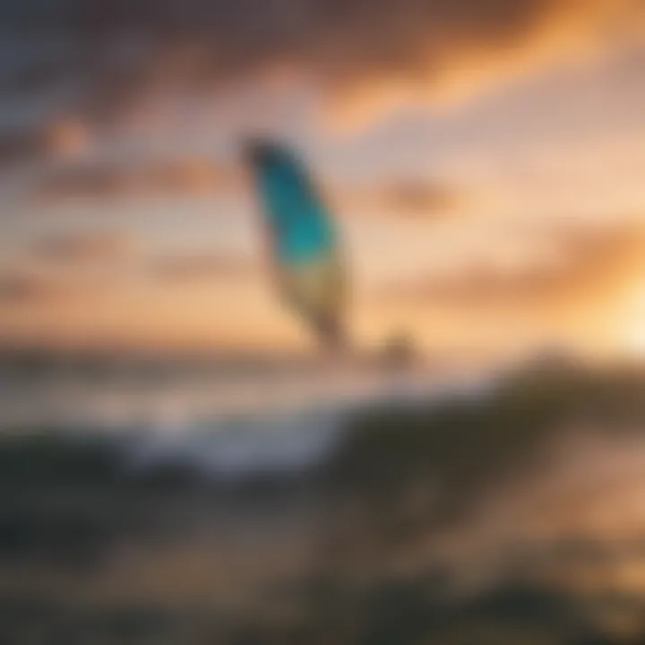 A scenic view of kite surfers riding the waves at sunset, illustrating the sport's breathtaking environment.