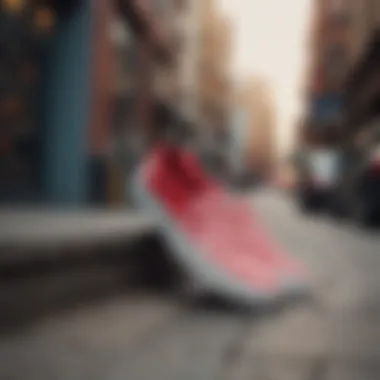 Red checkered slip-on Vans displayed in a trendy urban setting