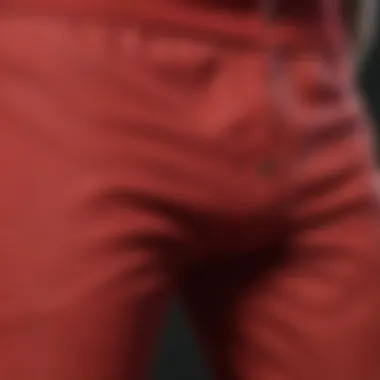 Close-up of the fabric and stitching of high-quality red jogging pants.