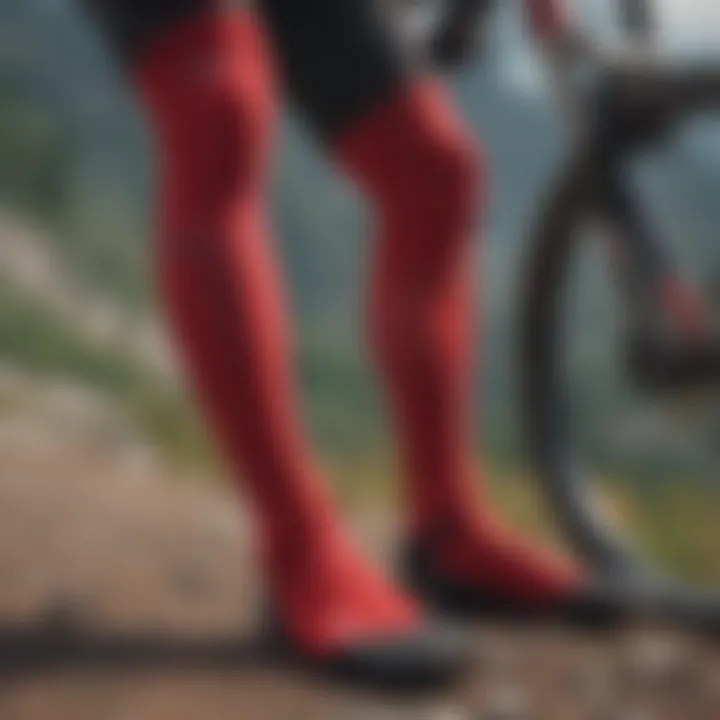 Close-up view of red stance socks on a mountain biker