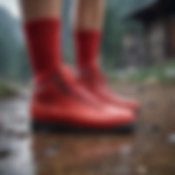 A pair of red stance socks displayed against a rugged outdoor backdrop