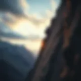 A breathtaking view of a climber scaling a challenging rock face against a dramatic sky