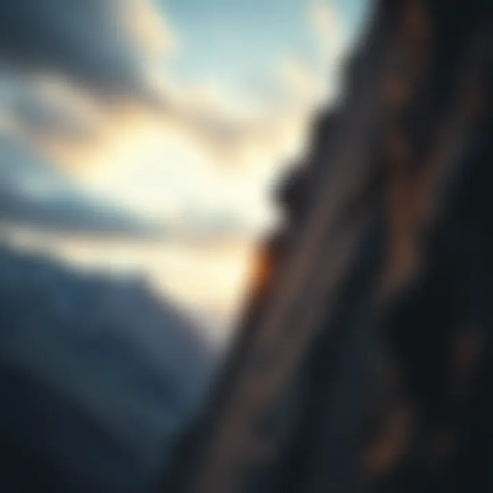 Climber in Action A breathtaking view of a climber scaling a challenging rock face against a dramatic sky